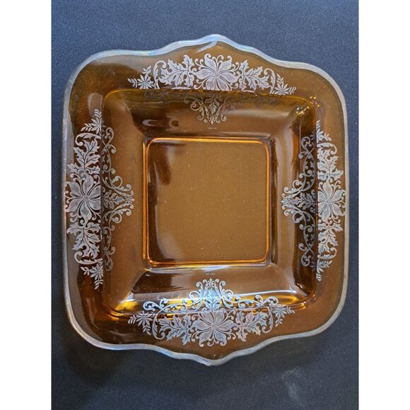 Vintage Cambridge Glass Amber Inlay Silver Square Platter - Picture 1 of 7